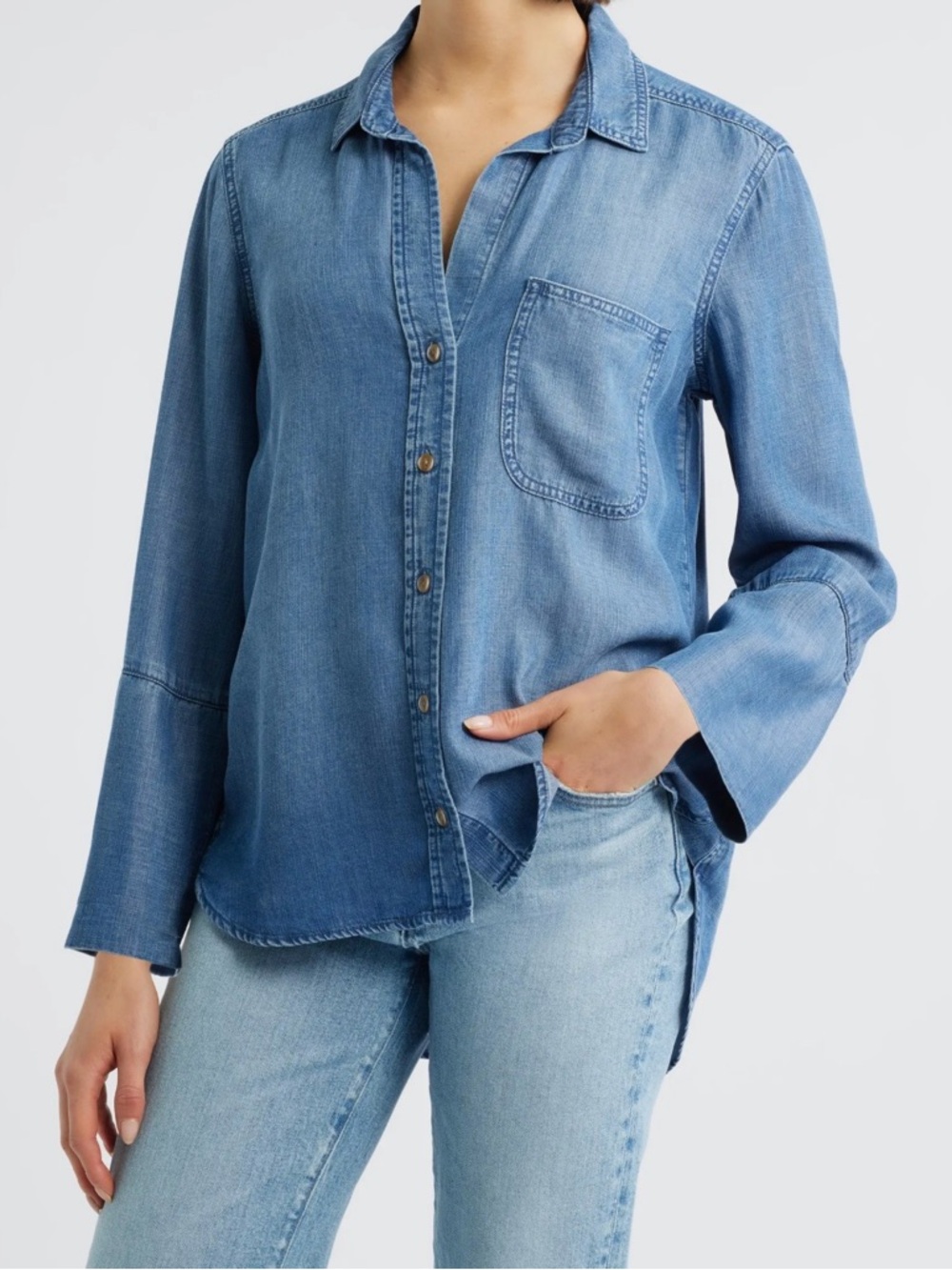 CLOTH & STONE Anthropologie Blouse Blue Chambray Denim Button Up Small Tencel